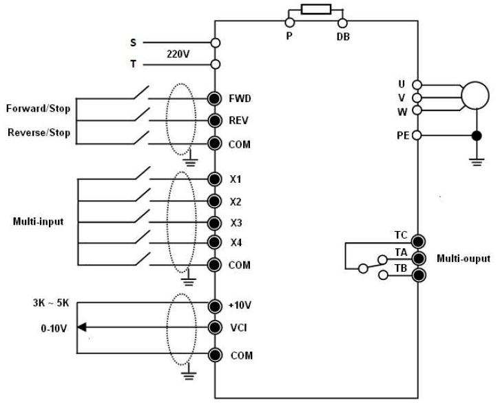 Схема подключения преобразователя частоты TECORP E1000