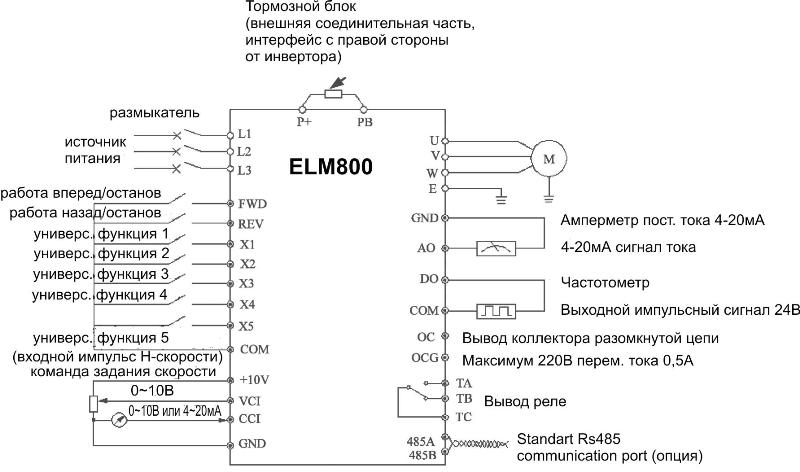 Схема электрических соединений преобразователя частоты серии ELM-800, ELM2-800