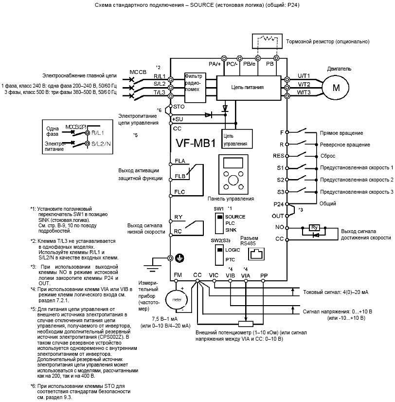 Схема электрических соединений преобразователя частоты TOSHIBA VF-MB1