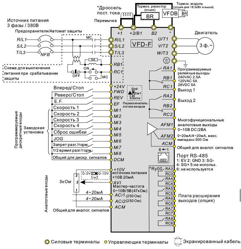 Схема подключения преобразователя частоты Delta VFD-F